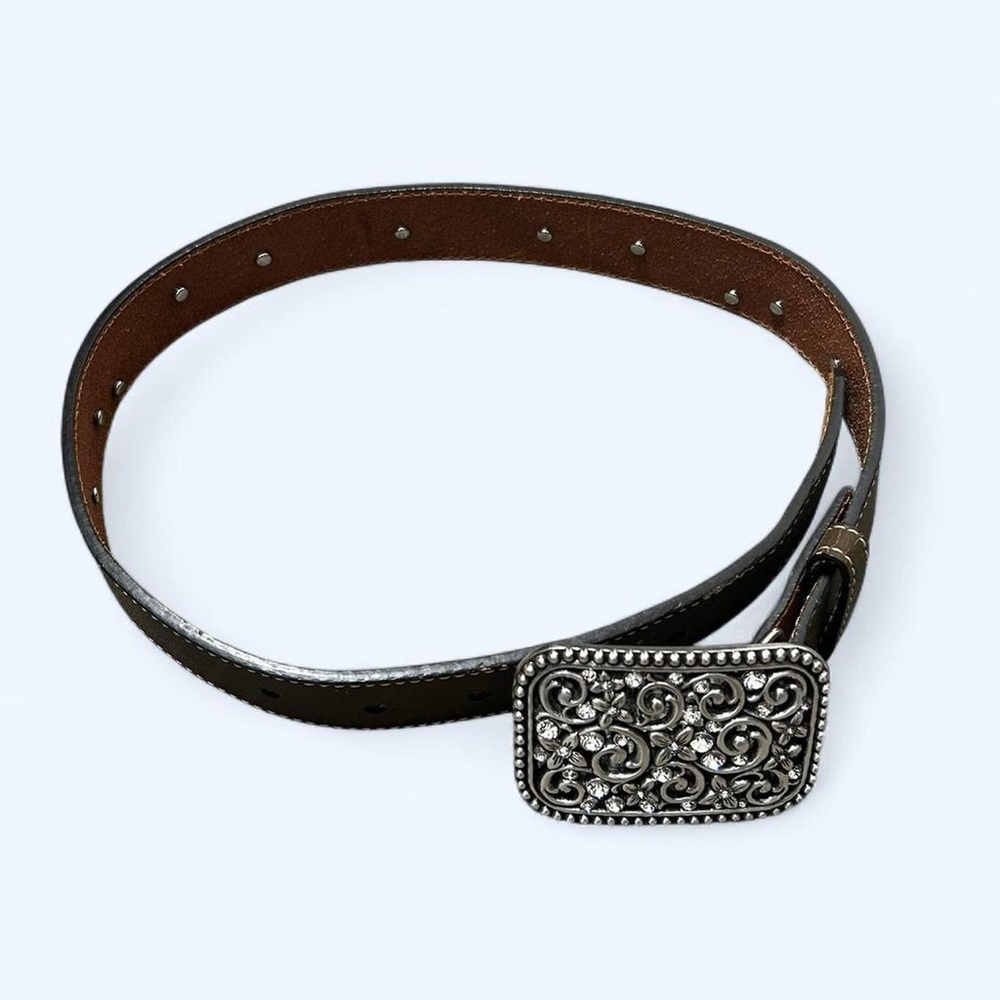 Ariat Brown Leather Floral Embroidered Belt w Large Silver Rhinestone Buckle